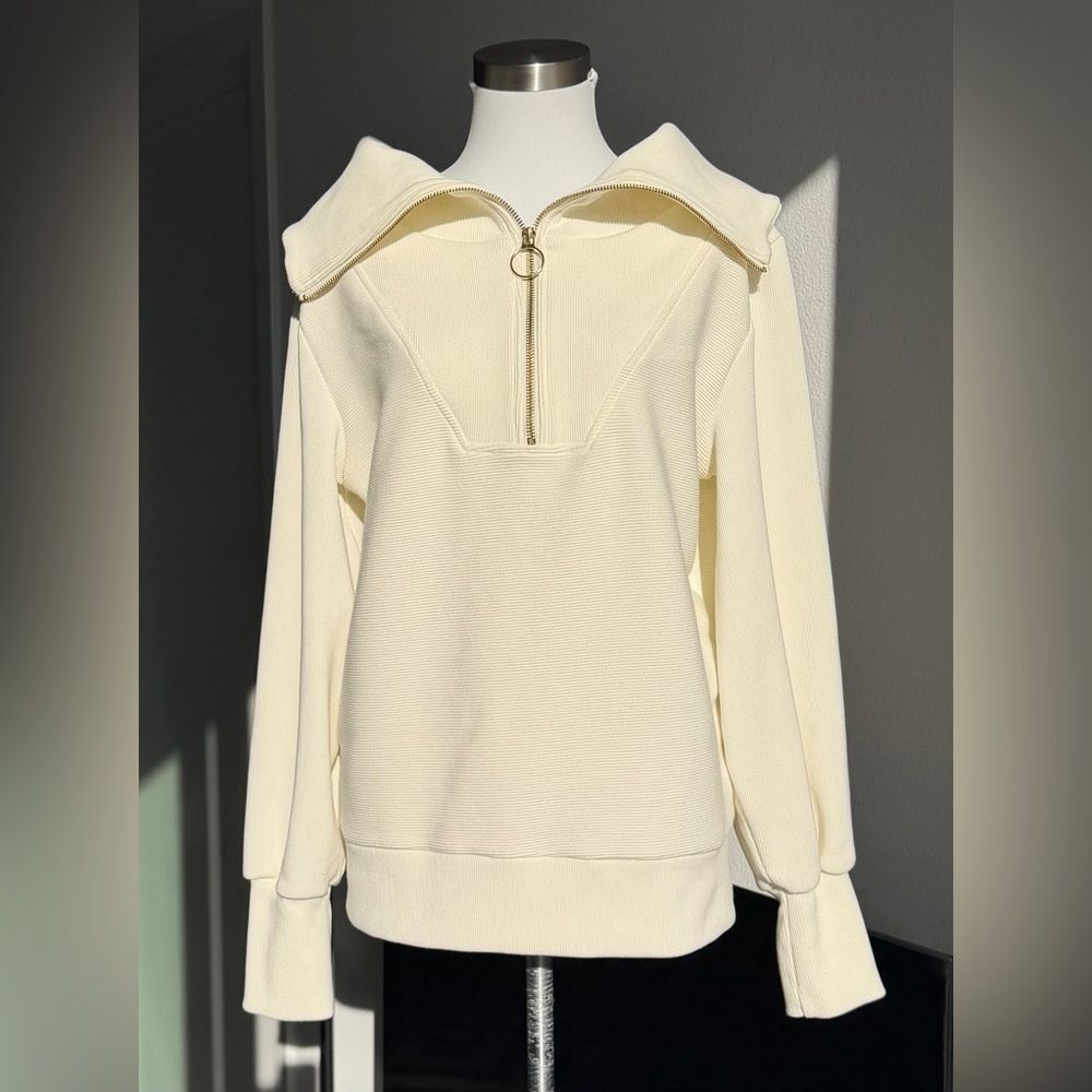 Varley Vine Ribbed Stretch-Cotton Half-Zip Sweatshirt Ivory Size S View 2